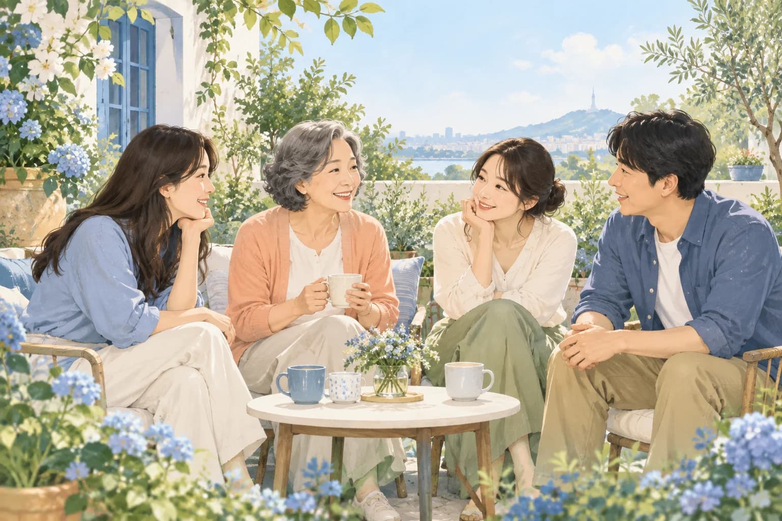 햇살이 드는 정원에 둘러앉아 서로의 이야기를 듣는 사람들의 일러스트
